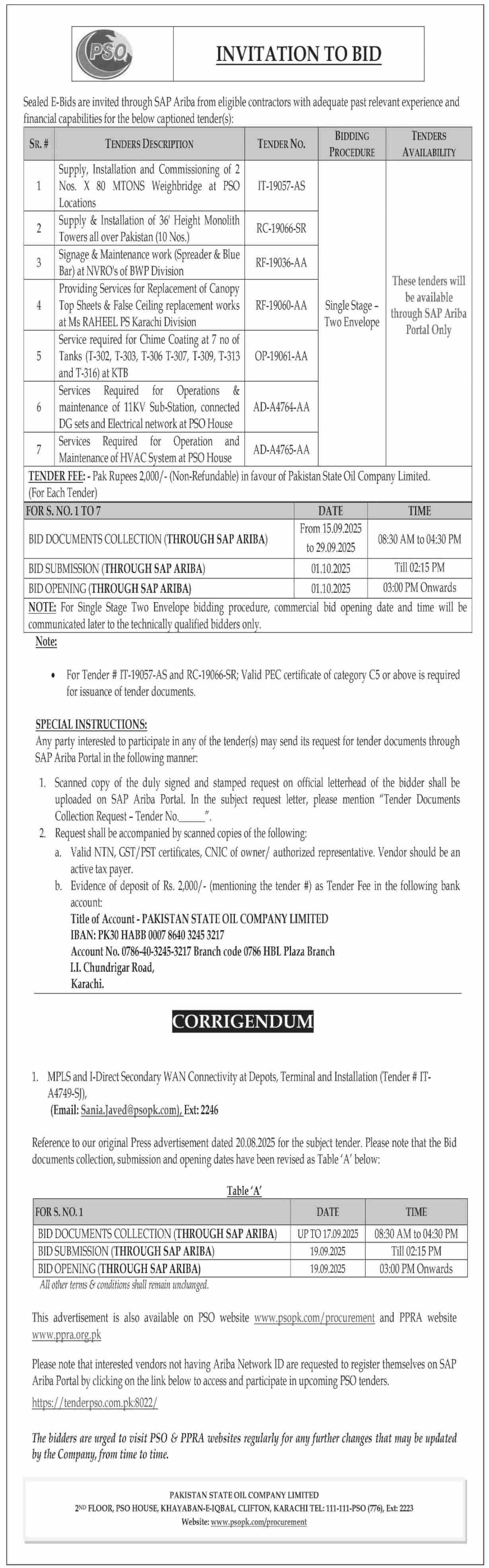 Pakistan State Oil Company Limited Karachi Tender Notice
